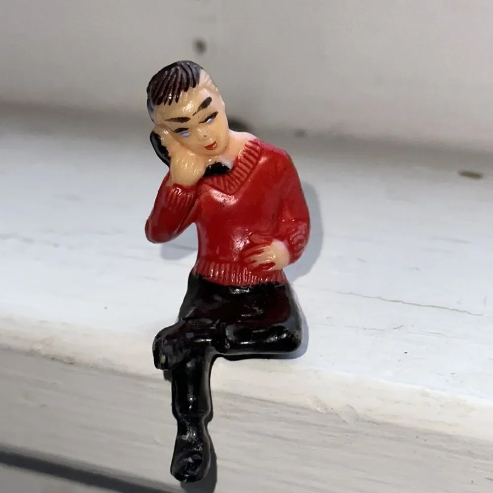 Two Vtg mid century hard plastic‎ boy & girl figures  on the phone cake toppers